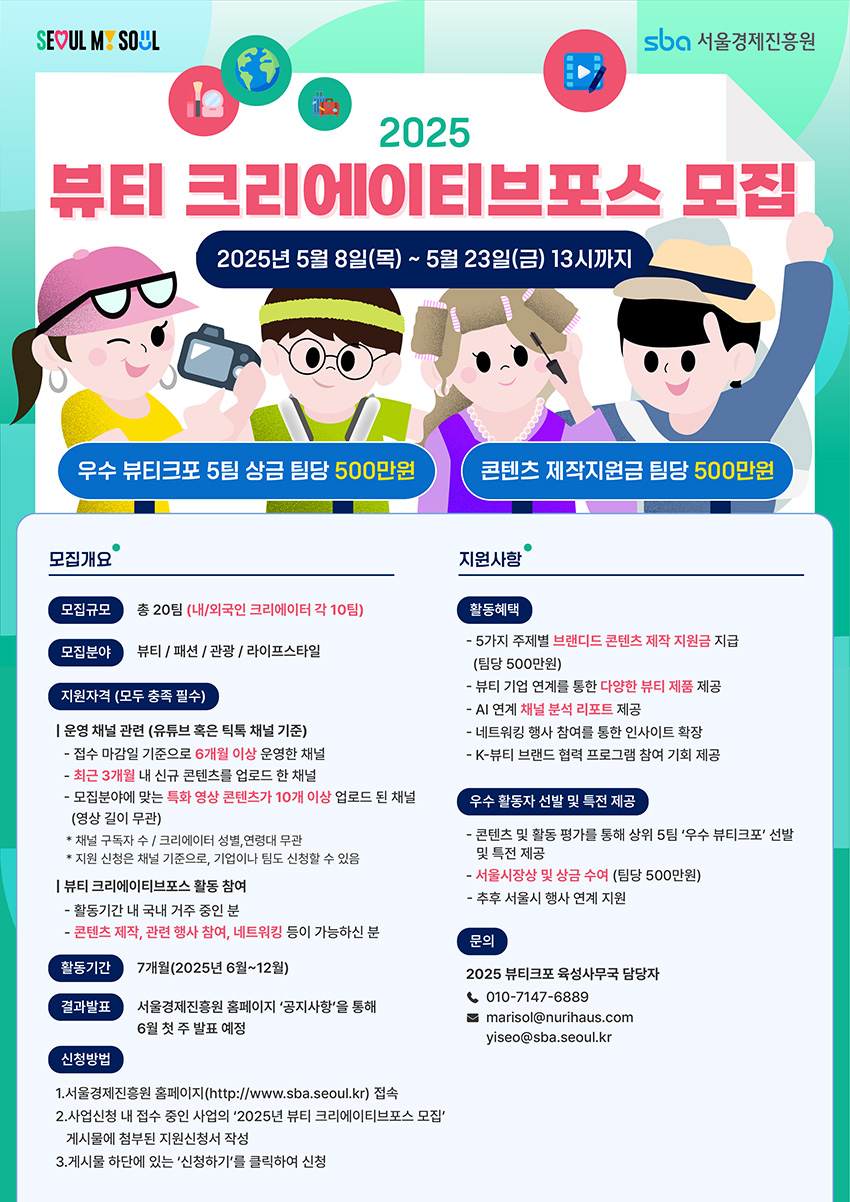 2025 뷰티 크리에이티브포스 모집 / 2025년 5월 8일(목) ~ 5월 23일(금) 13시까지 / 우수 뷰티크포 5팀 상금 팀당 500만원, 콘텐츠 제작지원금 팀당 500만원 / 모집규모: 총 20팀(내/외국인 크리에이터 각 10팀) / 모집분야: 뷰티, 패션, 관광, 라이프스타일 / 지원자격: 유튜브 혹은 틱톡 채널 기준 6개월 이상 운영, 최근 3개월 내 신규 콘텐츠 업로드, 한류·뷰티 특화 영상 콘텐츠 10개 이상 업로드 / 뷰티크포: 국내 거주 중인 내국인, 콘텐츠 제작·관련 행사 참여·네트워킹 등이 가능한 분 / 활동기간: 7개월(2025년 6월~12월) / 활동혜택: 브랜드드 콘텐츠 제작 지원금(팀당 500만원), 뷰티 기업 연계 제품 제공, AI 연계 채널 분석 리포트, 네트워킹 행사·행사 초청, K-뷰티 브랜드 협력 프로그램 참여 기회 / 우수 활동자: 상위 5팀 ‘우수 뷰티크포’ 선정 및 서울시장상·상금 수여(팀당 500만원), 추후 서울시 행사 연계 지원 / 신청방법: 서울경제진흥원 홈페이지 접속 → 사업신청 접수 → 지원서류 작성 및 제출 / 문의: 010-7147-6889, marisol@nurihau​s.com, yiseo@sba.seoul.kr