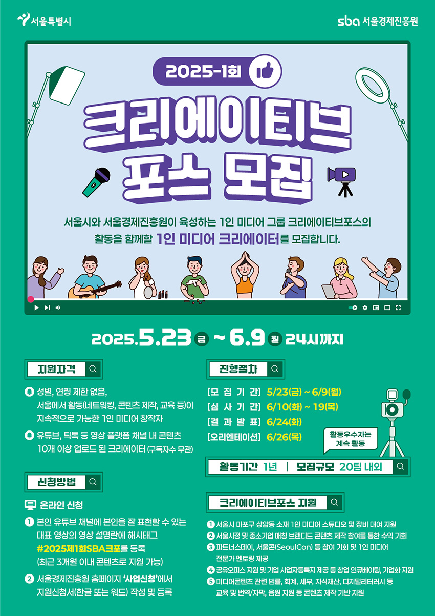 2025년 제1회 1인 미디어 크리에이터 그룹 크리에이티브포스 모집 2025-1회 크리에이티브포스 모집, 서울시와 서울경제진흥원이 육성하는 1인 미디어 그룹 크리에이티브포스의 활동을 함께할 1인 미디어 크리에이터를 모집합니다. 모집기간: 2025.5.23(금)~6.9(월) 24시까지, 지원자격: 성별·연령 제한 없음, 서울에서 활동(네트워킹, 콘텐츠 제작, 교육 등)이 지속적으로 가능한 1인 미디어 창작자, 유튜브·틱톡 등 영상 플랫폼 채널 내 콘텐츠 10개 이상 업로드된 크리에이터(구독자수 무관), 신청방법: 본인 유튜브 채널에 본인을 잘 표현할 수 있는 대표 영상 업로드 후 #2025제1회SBA포스 태그, 서울경제진흥원 크리에이티브포스 지원사업 온라인 지원서 작성 및 제출, 진행절차: 모집기간 5/23~6/9, 심사기간 6/10~6/19, 결과발표 6/24, 오리엔테이션 6/26, 활동기간 1년, 모집규모 20팀 내외, 지원내용: 서울시 마포구 산업용 소재 1인 미디어 스튜디오 및 장비 대여 지원, 서울시 및 중소기업 미디어 콘텐츠 제작 참여 및 홍보 수익 기회, 서울콘(SeoulCon) 등 미디어 행사 참가 및 1인 미디어 네트워킹, 미디어 전문가 멘토링, 사업화 컨설팅, 채널 진단, 콘텐츠 제작 지원, 홍보·마케팅 지원, 서울시·SBA 캠페인·행사·정책사업 등 미디어 협업 기회 제공, 문의: 서울경제진흥원 크리에이티브포스 담당자.